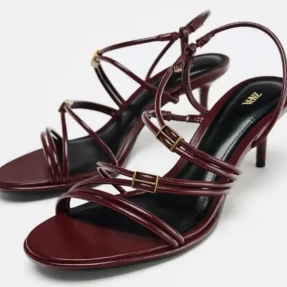Zara Burgundy Strappy Kitten-Heel Sandals - Women - Picture 2 of 6